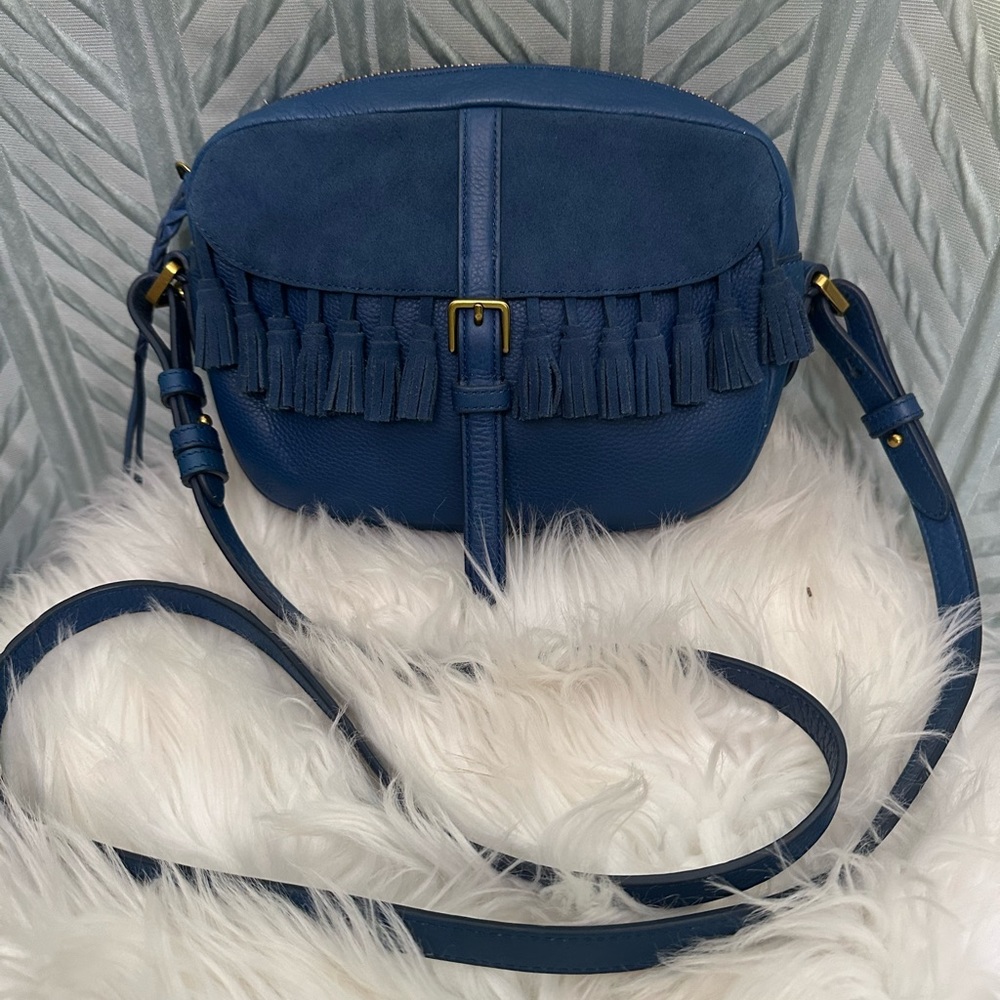 Fossil Kendall Blue Leather Tasseled Crossbody Boho Handbag
